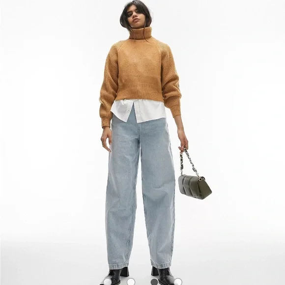 NWT Topshop Rollneck Balloon Sleeve Crop Sweater Brown Camel Ribbed Sz 8-10 - Picture 9 of 9